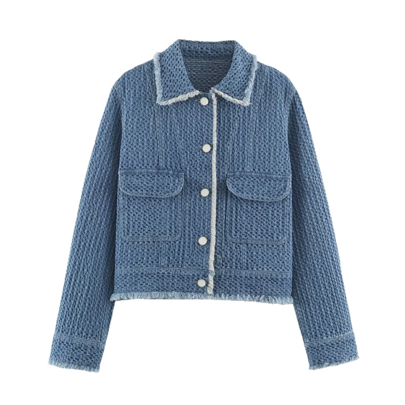 Damen strukturierte Kurzjacke aus Bouclé-Denim mit Fransensaum Nord Taschen
