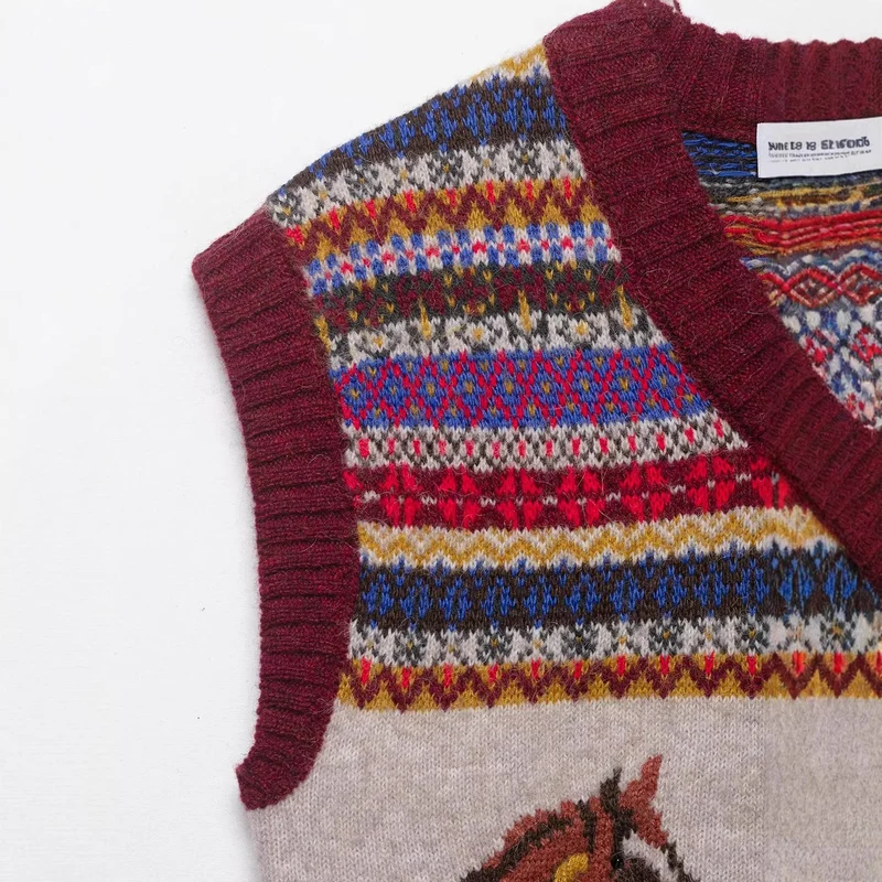 Damen Strickweste mit Norweger‑Muster, V‑Ausschnitt und Pferdeintarsien Nord Taschen
