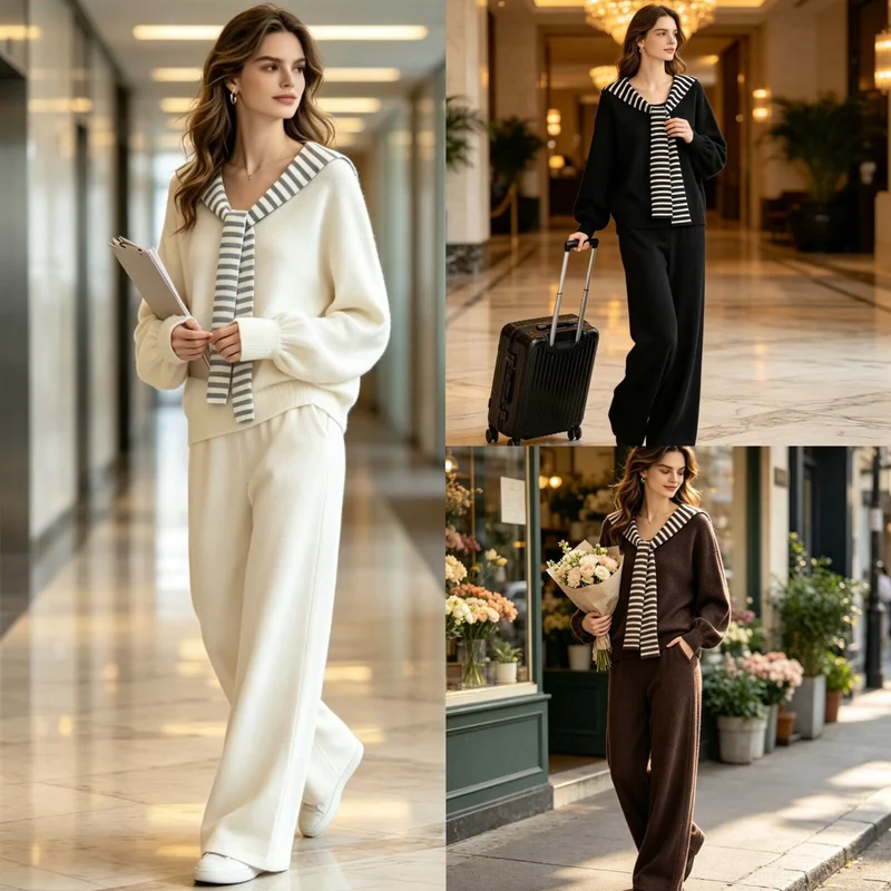 Damen Strickset mit Matrosenkragen-Pullover und weiter Culottehose Nord Taschen