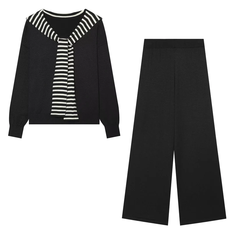 Damen Strickset mit Matrosenkragen-Pullover und weiter Culottehose Nord Taschen