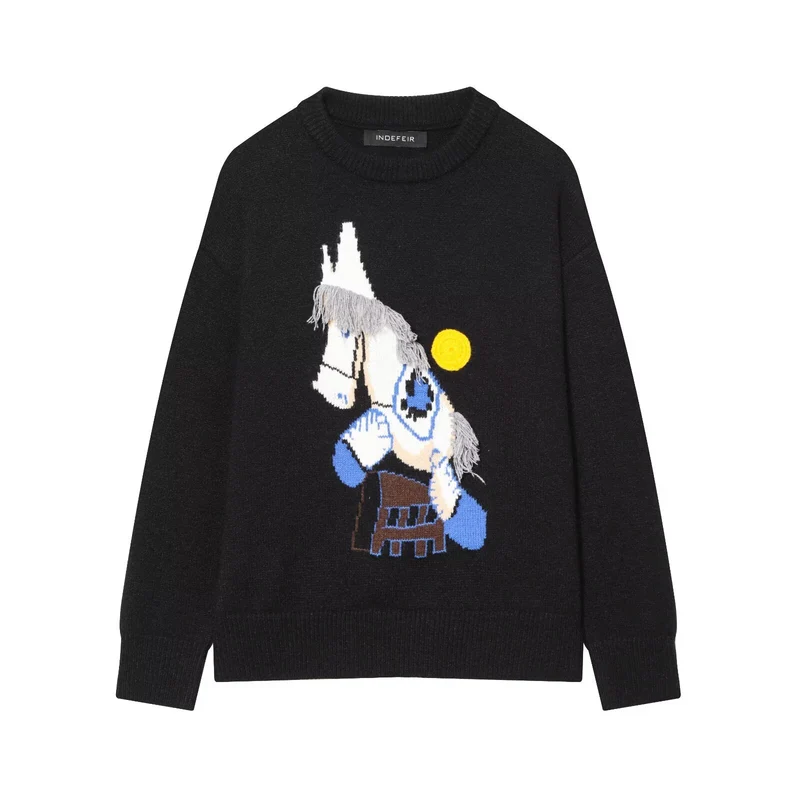 Damen Strickpullover mit Pferde-Motiv und Fransenapplikation, Oversize-Rundhals Nord Taschen