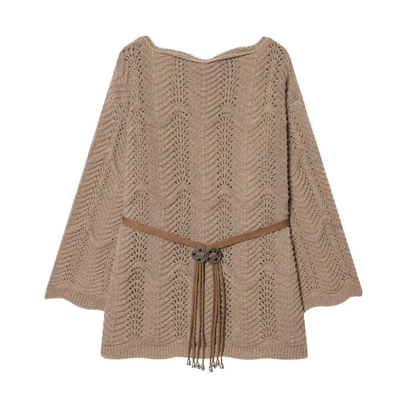 Damen Strickponcho mit Zickzack‑Ajourmuster und Taillengürtel Nord Taschen