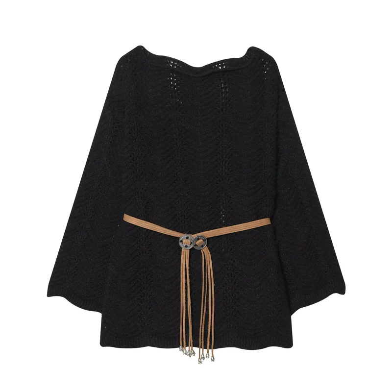 Damen Strickponcho mit Zickzack‑Ajourmuster und Taillengürtel Nord Taschen