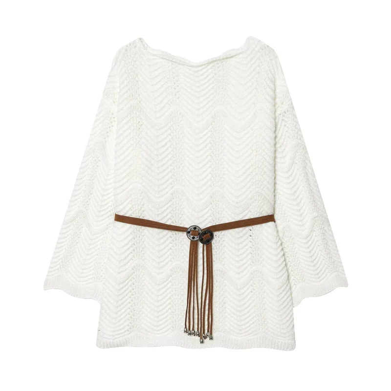 Damen Strickponcho mit Zickzack‑Ajourmuster und Taillengürtel Nord Taschen