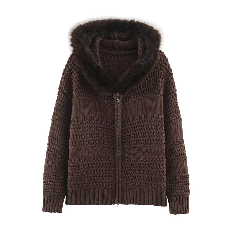 Damen Strickjacke mit durchgehendem Reißverschluss und kuscheligem Kunstpelzkragen Nord Taschen