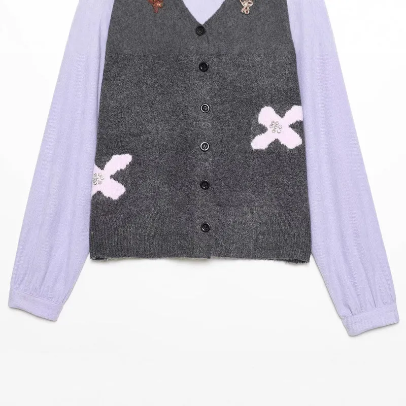 Damen Strickcardigan mit Zierblüten‑Applikation und kontrastärmeln Nord Taschen