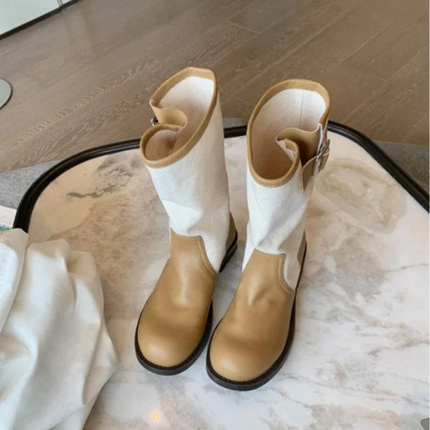Damen Leder-Leinen Mid-Calf Stiefel mit Schnallenriemen Nord Taschen