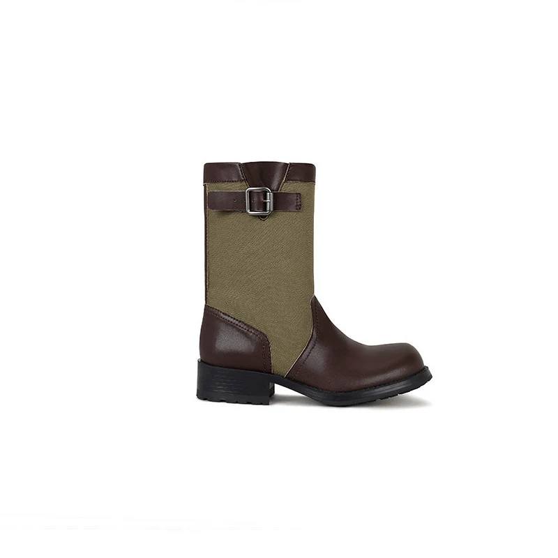 Damen Leder-Leinen Mid-Calf Stiefel mit Schnallenriemen Nord Taschen