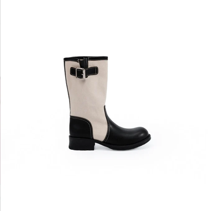 Damen Leder-Leinen Mid-Calf Stiefel mit Schnallenriemen Nord Taschen