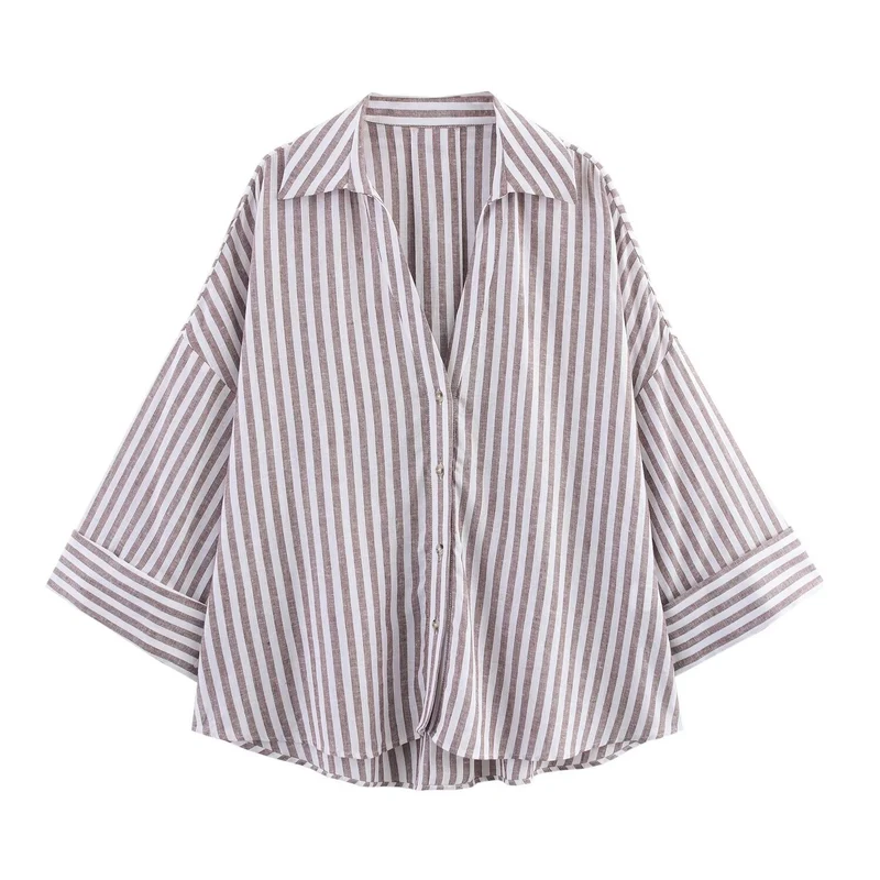 Damen Oversize-Hemdbluse mit vertikalem Streifenmuster und verlängertem Rücken Nord Taschen