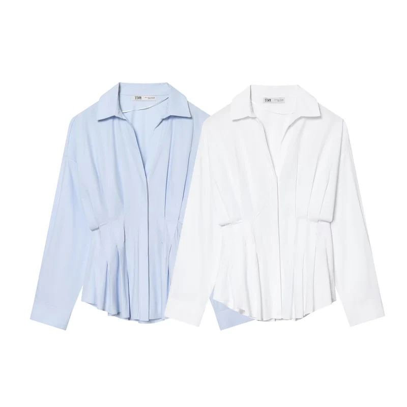 Damen Oversize-Hemdbluse mit taillierter Kellerfalten-Optik und verdeckter Knopfleiste Nord Taschen