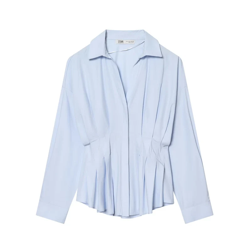 Damen Oversize-Hemdbluse mit taillierter Kellerfalten-Optik und verdeckter Knopfleiste Nord Taschen
