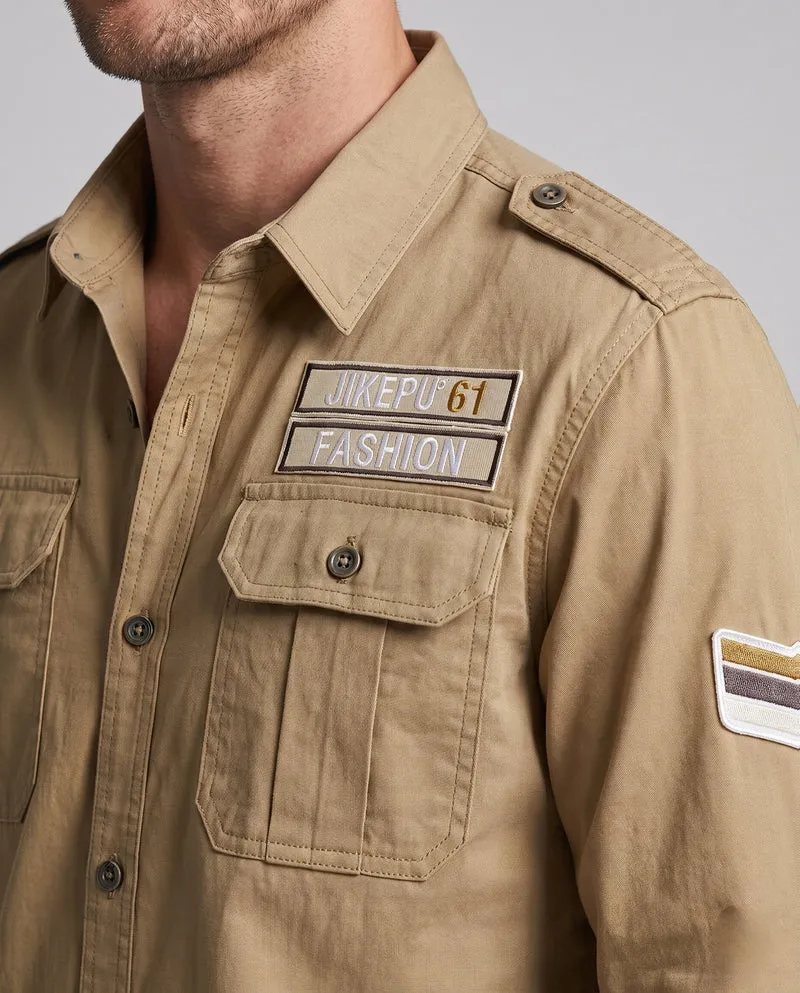 Herren Langarm Utility-Shirt mit Schulterklappen und Brusttaschen Nord Taschen