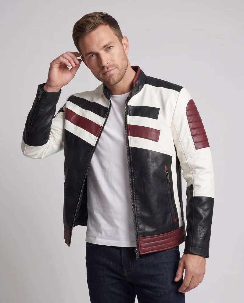 Herren Lederlook Bikerjacke mit Farbblockdesign, gesteppte Ärmel und Saumfinish Nord Taschen