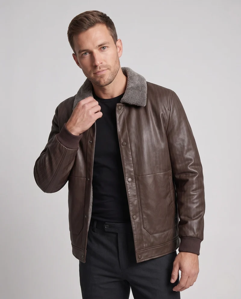 Herren Faux-Leder Blouson mit Nadelstreifen-Look und Teddy-Futter Nord Taschen