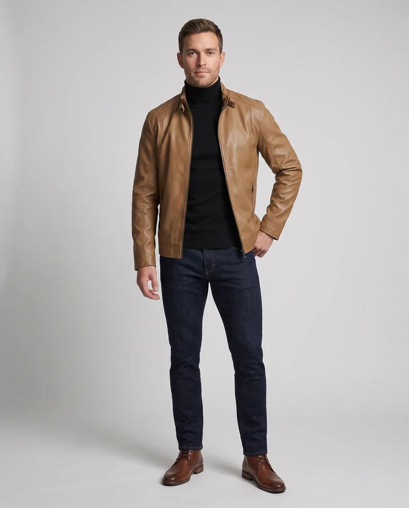 Herren Lederlook Blouson mit Stehkragen und Reißverschluss Nord Taschen