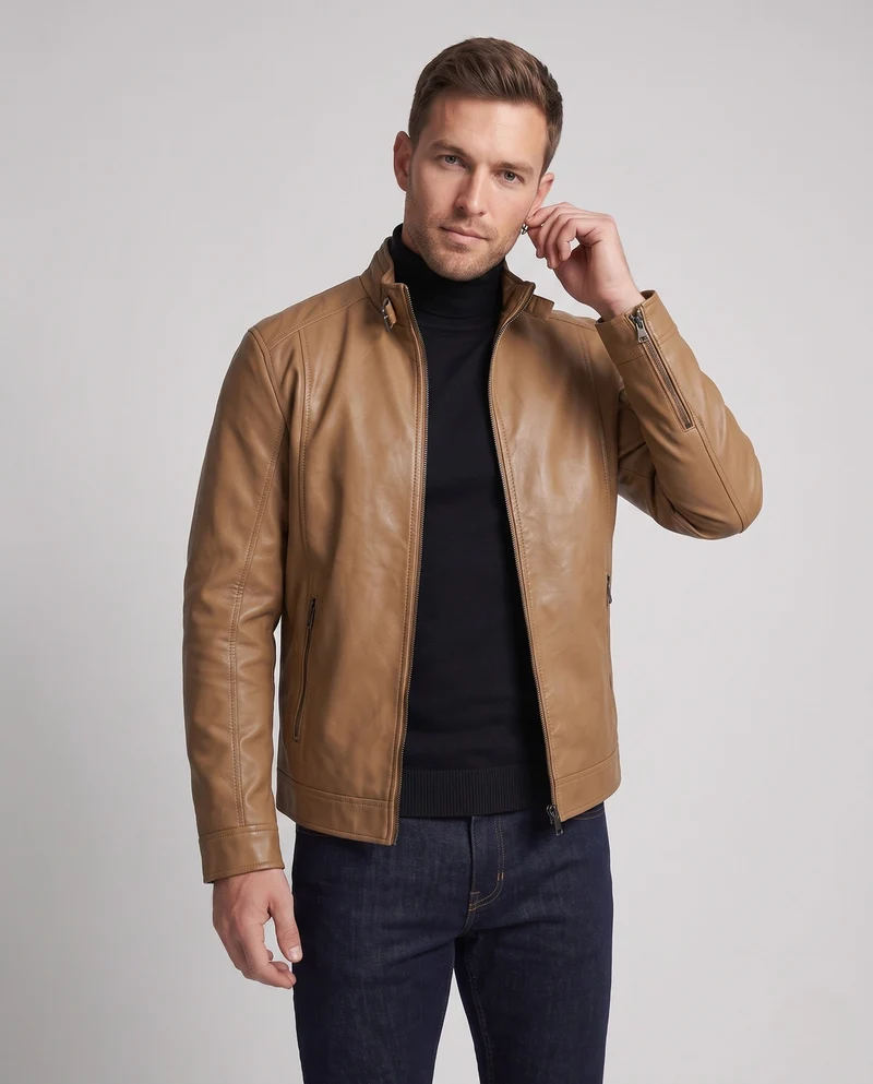 Herren Lederlook Blouson mit Stehkragen und Reißverschluss Nord Taschen