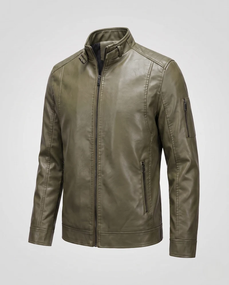 Herren Lederlook Blouson mit Stehkragen und Reißverschluss Nord Taschen