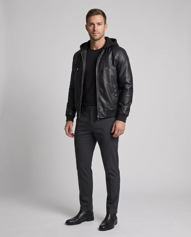 Herren Sweatshirt aus Kunstleder mit Kapuze im urbanen Bomber-Stil mit Reißverschluss und gerippten Bündchen Nord Taschen