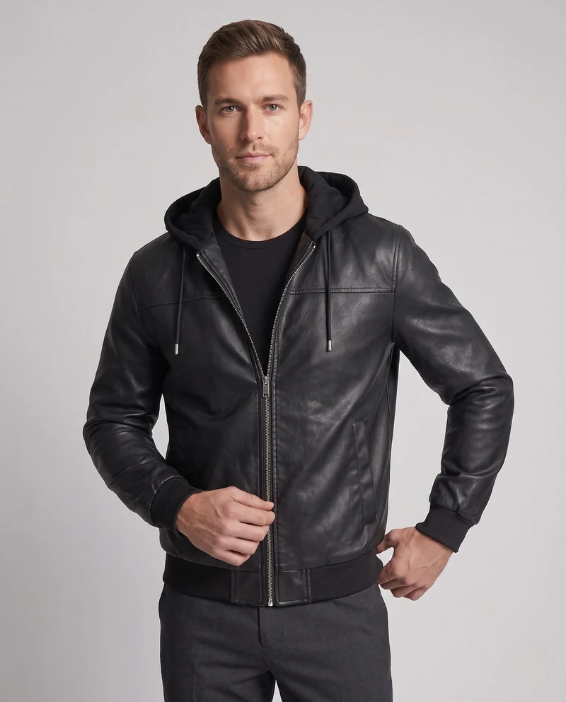 Herren Sweatshirt aus Kunstleder mit Kapuze im urbanen Bomber-Stil mit Reißverschluss und gerippten Bündchen Nord Taschen