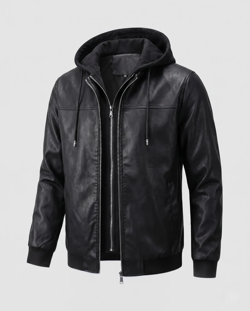 Herren Sweatshirt aus Kunstleder mit Kapuze im urbanen Bomber-Stil mit Reißverschluss und gerippten Bündchen Nord Taschen
