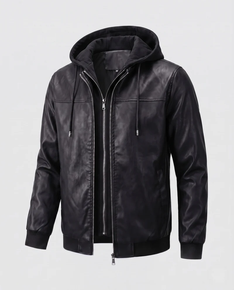 Herren Sweatshirt aus Kunstleder mit Kapuze im urbanen Bomber-Stil mit Reißverschluss und gerippten Bündchen Nord Taschen