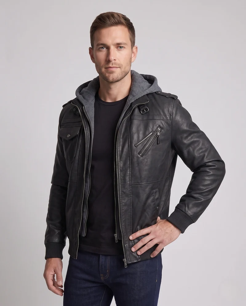Herren Bomberjacke aus Kunstleder mit integriertem Kapuzenpullover und mehreren Taschen Nord Taschen