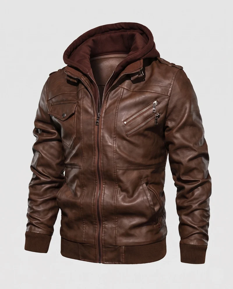 Herren Bomberjacke aus Kunstleder mit integriertem Kapuzenpullover und mehreren Taschen Nord Taschen