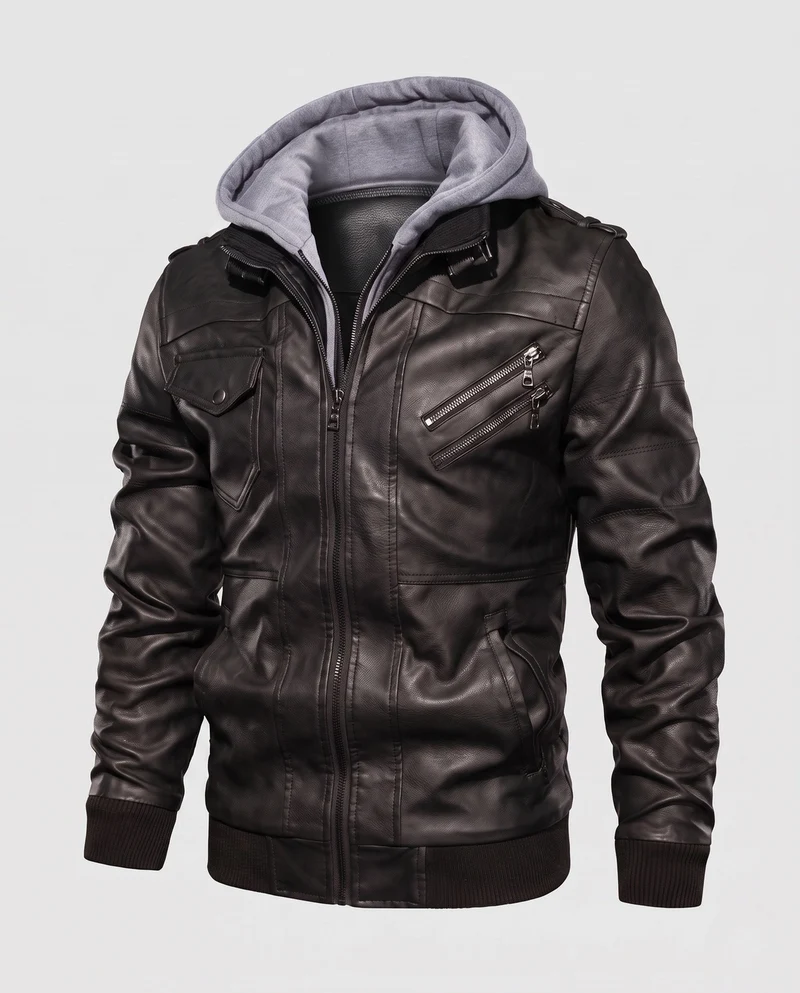 Herren Bomberjacke aus Kunstleder mit integriertem Kapuzenpullover und mehreren Taschen Nord Taschen