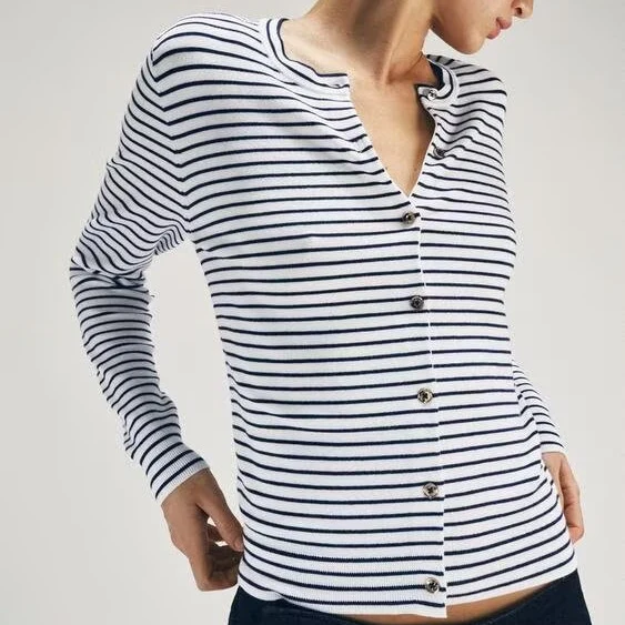 Damen Maritimer Feinstrick-Cardigan mit feinen Streifen und Perlmuttknöpfen Nord Taschen