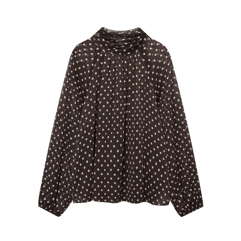 Damen Luftige Chiffon-Bluse mit Polka-Dots, Drapiertem Schlauchkragen und Ballonärmeln Nord Taschen