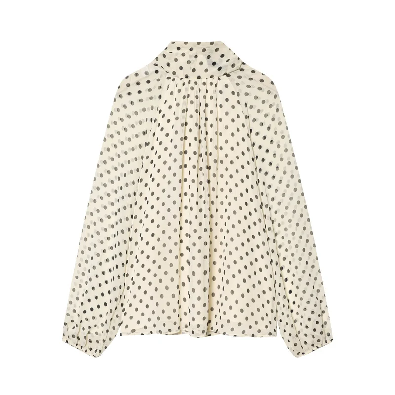 Damen Luftige Chiffon-Bluse mit Polka-Dots, Drapiertem Schlauchkragen und Ballonärmeln Nord Taschen