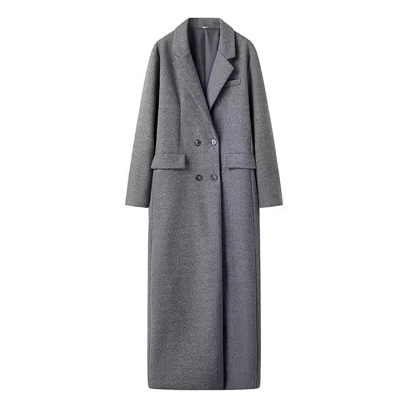 Damen Longline Wollmix-Mantel im minimalistischen Doppelreiher mit Reverskragen und Pattentaschen Nord Taschen