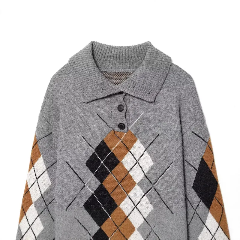 Damen Oversized Pullover mit Rautenmuster und Polokragen mit Knopfleiste Nord Taschen
