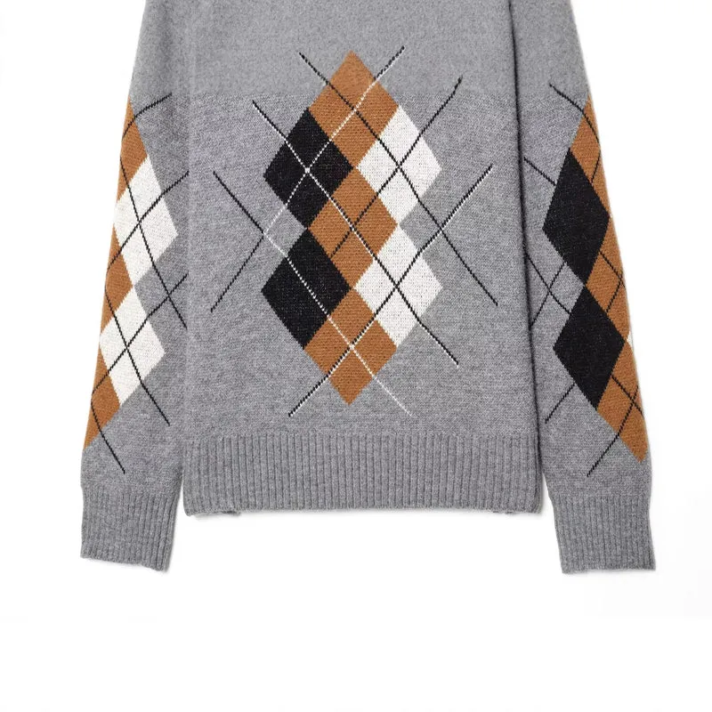 Damen Oversized Pullover mit Rautenmuster und Polokragen mit Knopfleiste Nord Taschen