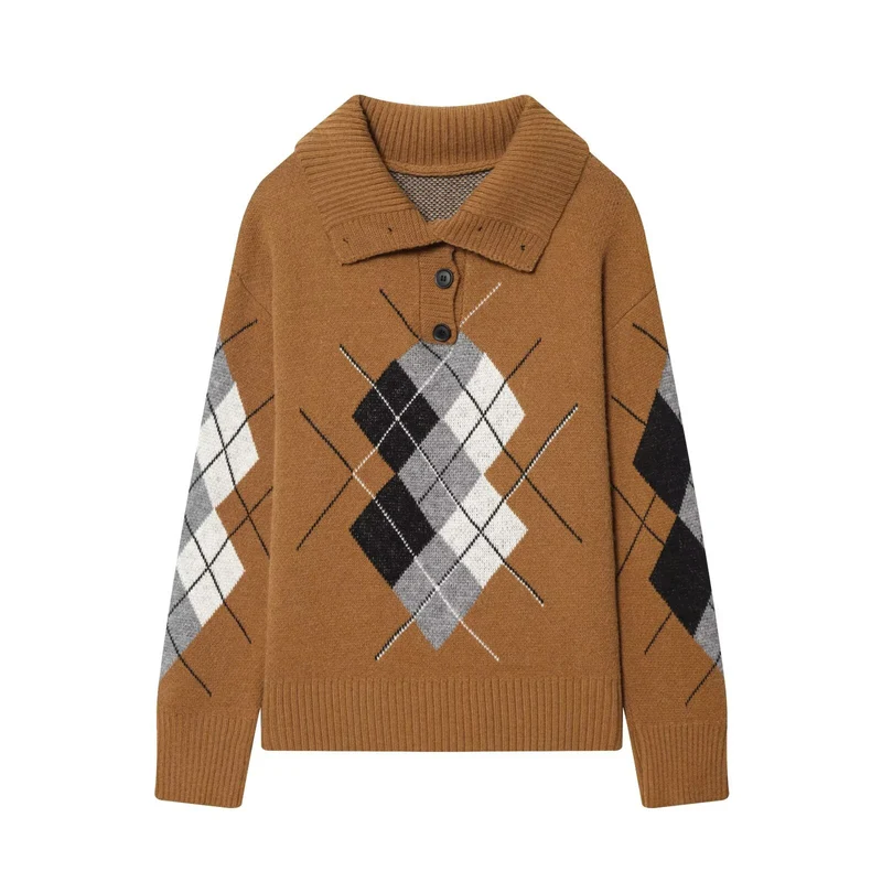 Damen Oversized Pullover mit Rautenmuster und Polokragen mit Knopfleiste Nord Taschen