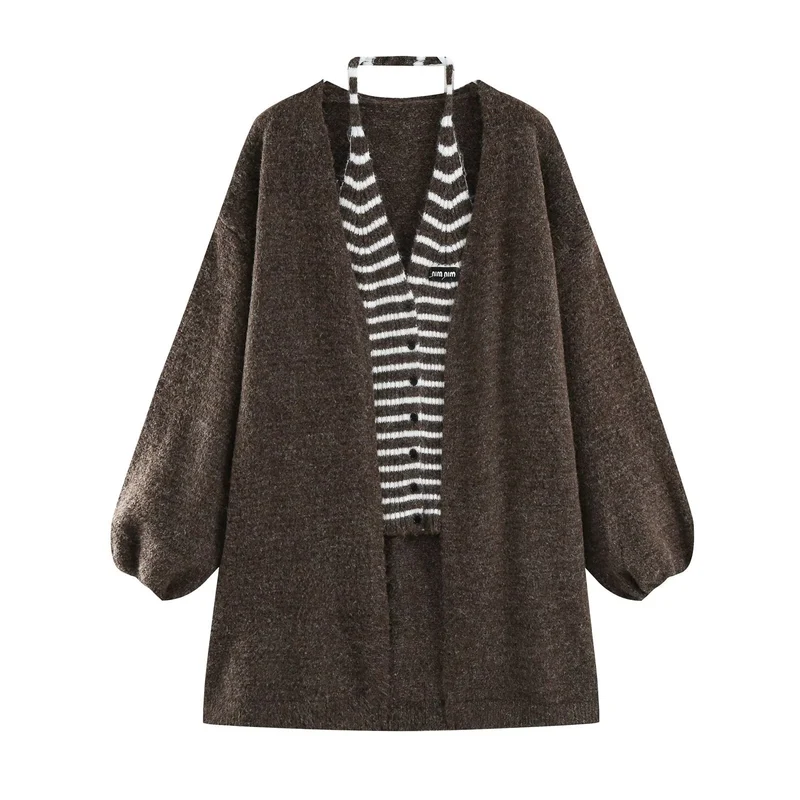 Damen Oversized Mohairoptik-Cardigan mit Ballonärmeln und gestreiftem Einsatz Nord Taschen