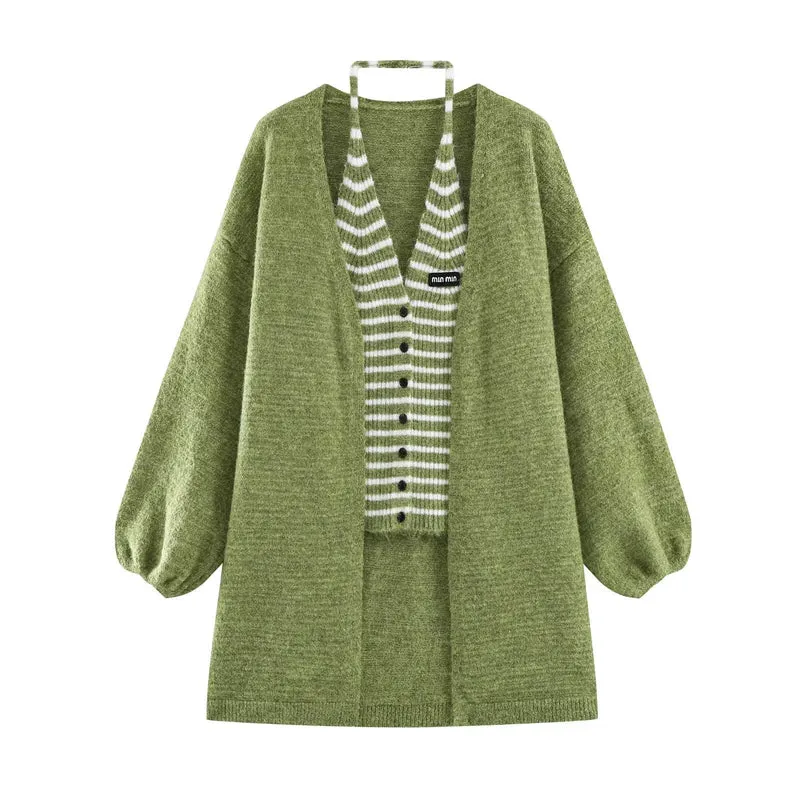 Damen Oversized Mohairoptik-Cardigan mit Ballonärmeln und gestreiftem Einsatz Nord Taschen