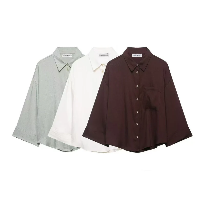 Damen Oversized Leinenoptik-Hemdbluse mit weiten Dreiviertelärmeln und Brusttasche Nord Taschen