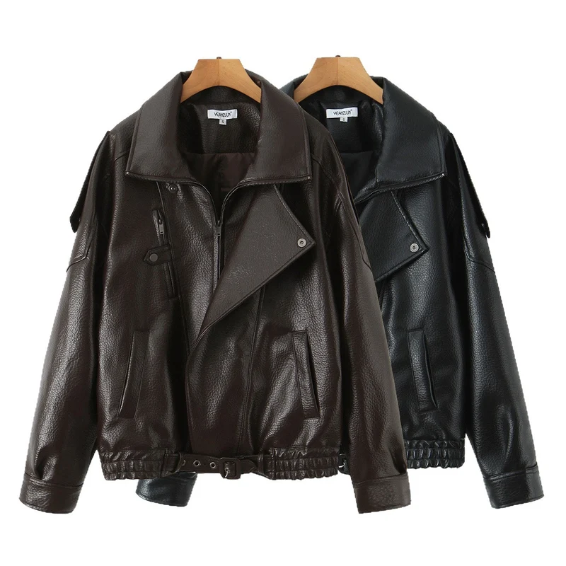 Damen Oversized Lederjacke mit asymmetrischem Reißverschluss und breitem Kragen Nord Taschen