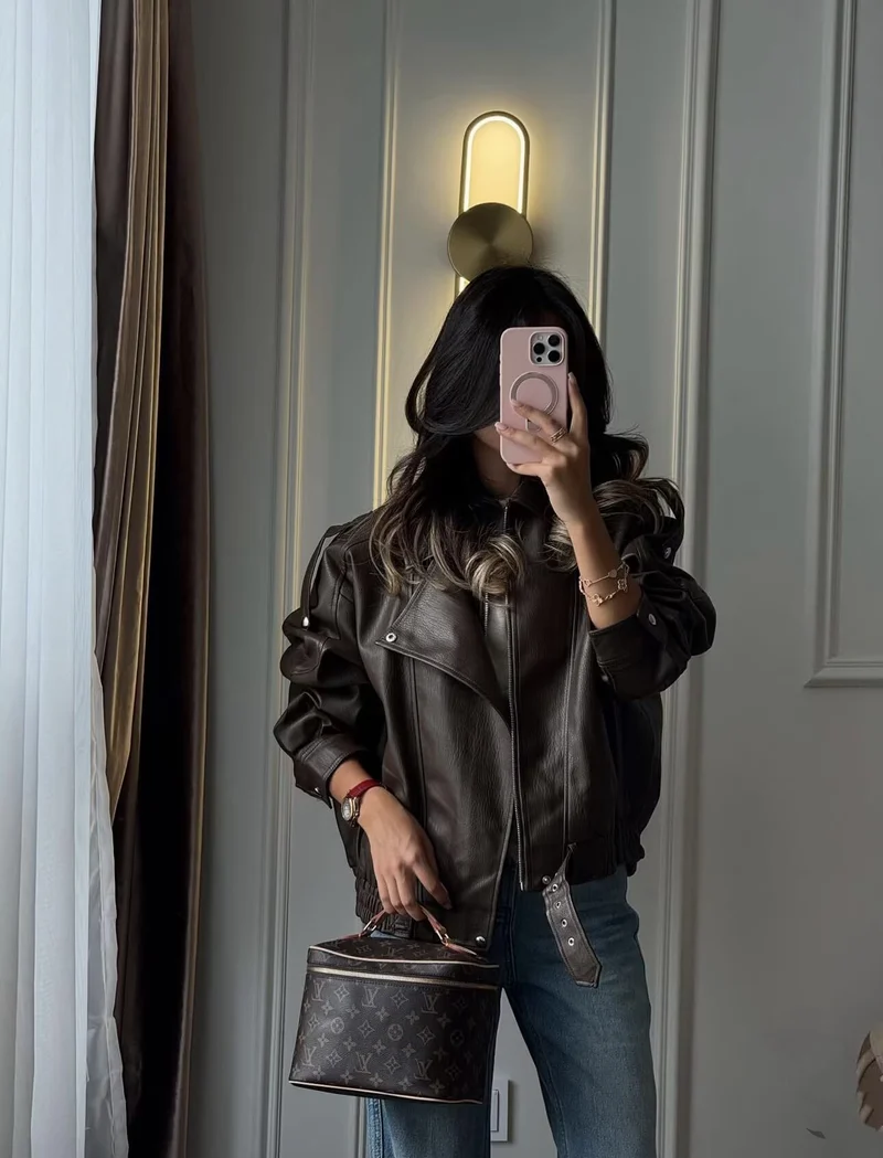 Damen Oversized Lederjacke mit asymmetrischem Reißverschluss und breitem Kragen Nord Taschen