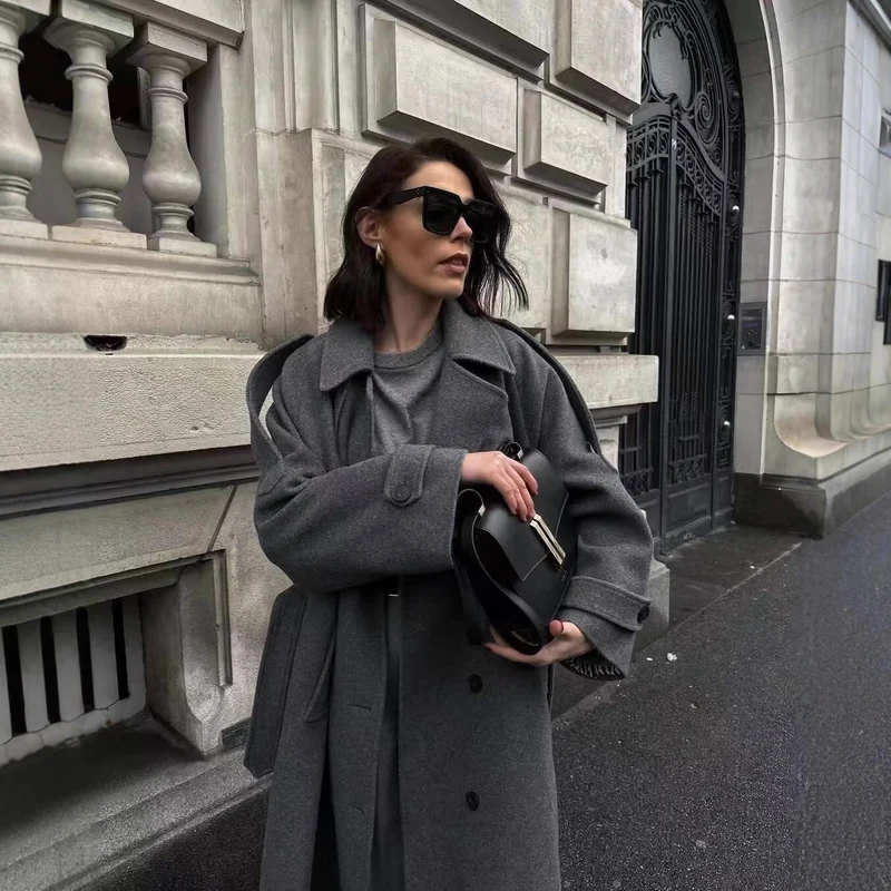Damen Langer Woll-Trenchcoat mit Bindegürtel Nord Taschen