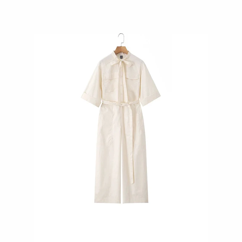 Damen Langer Utility-Jumpsuit mit Hemdkragen und Bindegürtel Nord Taschen