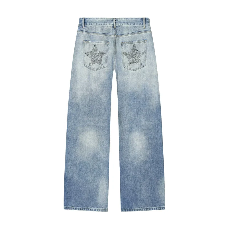 Damen Weite Denim-Jeans mit Sternenbesatz und geradem Bein Nord Taschen