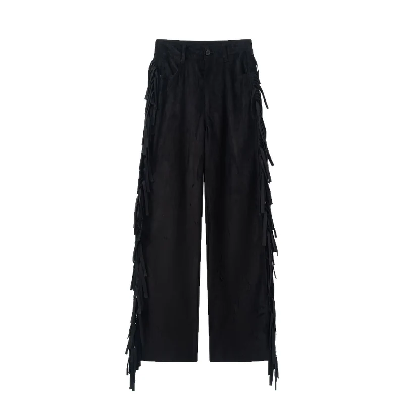 Damen Weite Culotte-Hose mit Fransenbesatz und Veloursoptik Nord Taschen