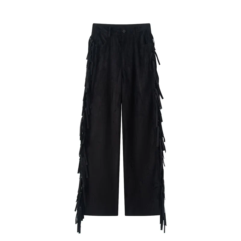 Damen Weite Culotte-Hose mit Fransenbesatz und Veloursoptik Nord Taschen