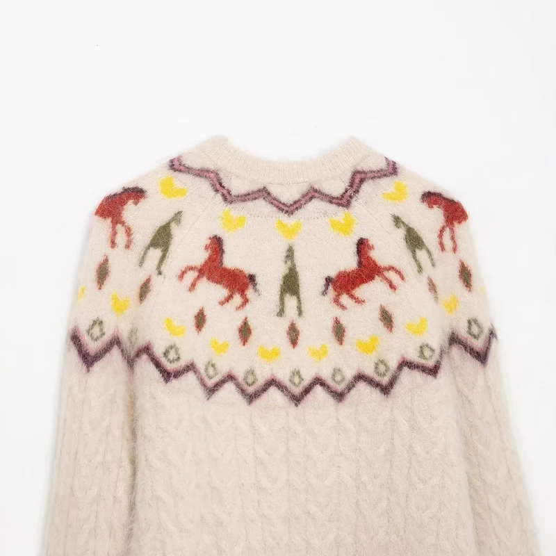 Damen Strickcardigan mit Norwegermuster und Pferde-Motiv, Zopfmuster und Knopfleiste Nord Taschen