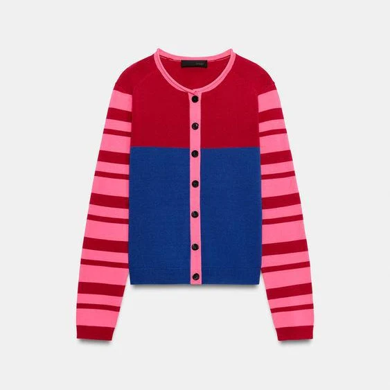Damen Strickcardigan mit Colorblock-Front und gestreiften Ärmeln Nord Taschen