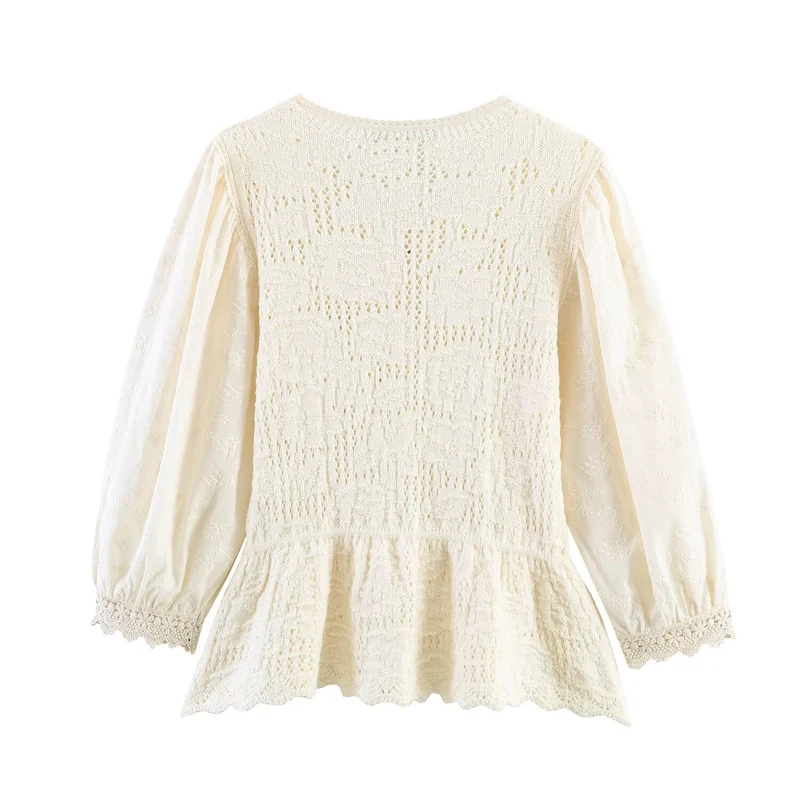 Damen Strickbluse mit Knopfreihe, Spitzenmanschetten und Volant‑Peplum Nord Taschen