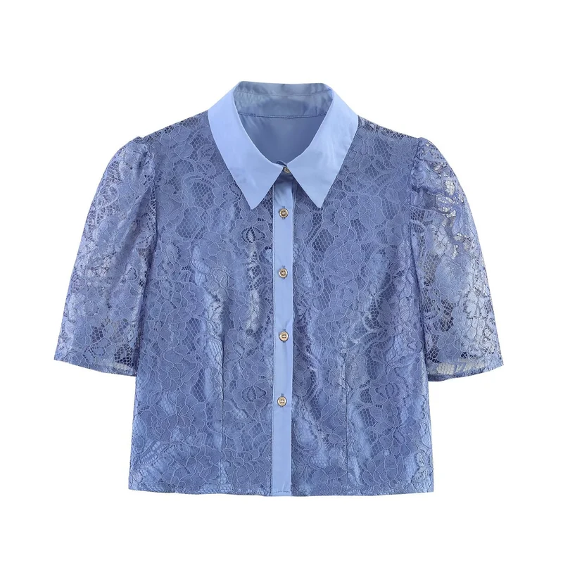Damen Transparente Spitzenbluse mit Hemdkragen und Puffärmeln Nord Taschen
